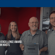 CraneWerks is presented their 7th Distributor Excellence Award by Harrington Hoists. (L to R): Brett Kunin, Ashley Larochelle, Dave Sims, and J.J. Politis