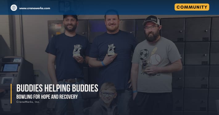 Ryan Wolfe of Service Crane Company with his family and Matt Riddle of Harriman Material Handling bowling at Blue River Bowl in Shelbyville, IN for Buddies Helping Buddies' first annual Strikes for a Cause fundraiser event sponsored by CraneWerks, Inc. of Morristown, IN.