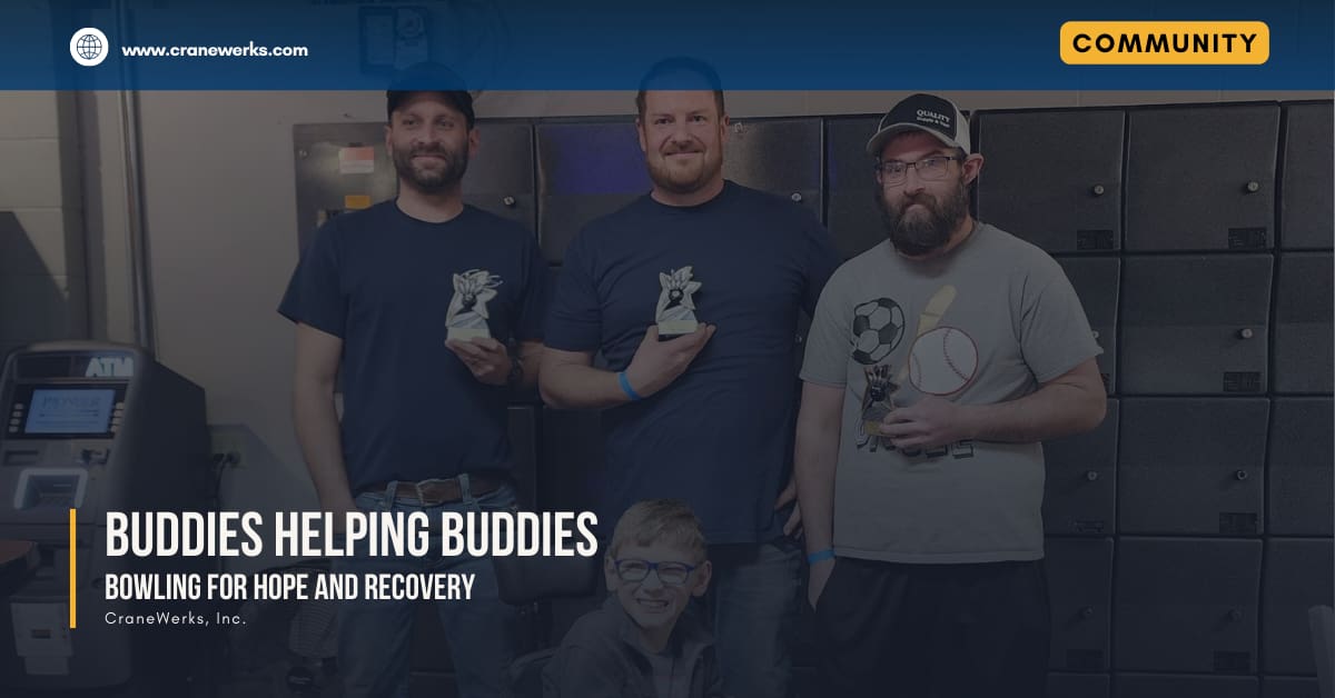 Ryan Wolfe of Service Crane Company with his family and Matt Riddle of Harriman Material Handling bowling at Blue River Bowl in Shelbyville, IN for Buddies Helping Buddies' first annual Strikes for a Cause fundraiser event sponsored by CraneWerks, Inc. of Morristown, IN.