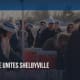 "The Bridge Unites Shelbyville: Walking for Hope" graphic over an image of Ashley Larochelle, Nicole Hornaday, Susan Allen, and other walkers are lining up for hot chocolate on the walking path at Shelbyville's first ever Coldest Night of the Year in 2025.