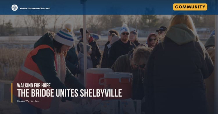 "The Bridge Unites Shelbyville: Walking for Hope" graphic over an image of Ashley Larochelle, Nicole Hornaday, Susan Allen, and other walkers are lining up for hot chocolate on the walking path at Shelbyville's first ever Coldest Night of the Year in 2025.